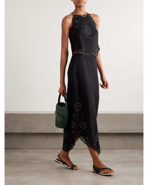 Jupe Midi En Lin Mélangé À Broderies Et À Finitions En Crochet Imola Rixo en coloris Black