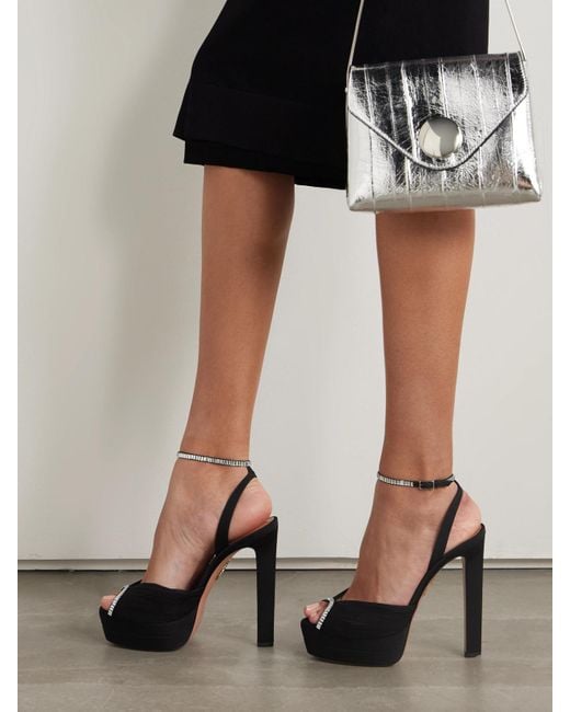 Aquazzura Black Be Mine Plateau 130 Crystal-Embellished Grosgrain-Trimmed Pleated Chiffon Platform Sandals