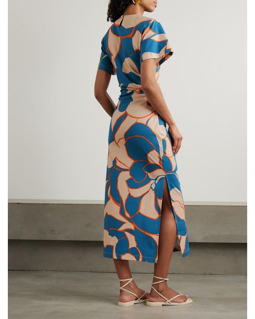 LaDoubleJ Blue Mother Lela Ruched Printed Cotton-Blend Jersey Midi Dress