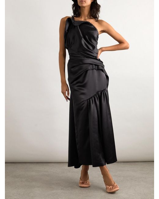 Dries Van Noten Black One-Shoulder Gathered Pleated Satin Midi Dress
