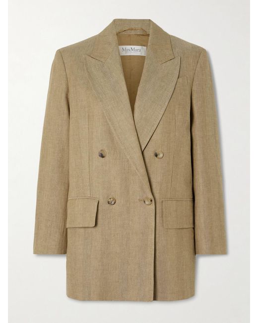 Max Mara Natural Gerla Double-Breasted Herringbone Linen Blazer