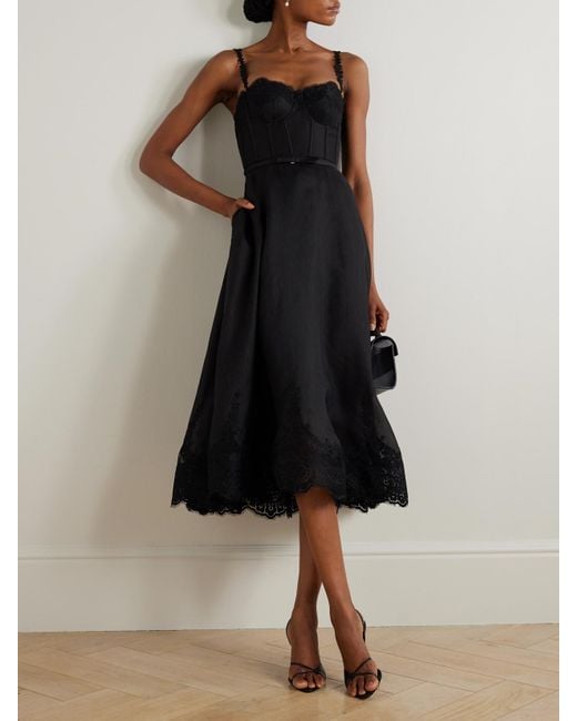 Zimmermann Black Hypnotic Picnic Midikleid Aus Einer Leinen-Seidenmischung Mit Spitzenbesätzen Und Gürtel