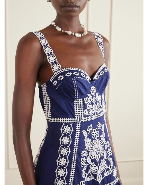 Farm Rio Blue Tiered Embroidered Cotton-Poplin Midi Dress