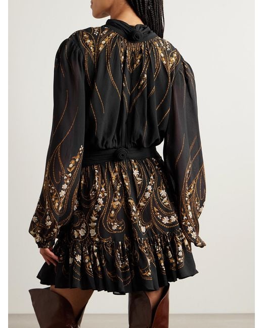Farm Rio Black Tie-Neck Floral-Print Georgette Mini Dress
