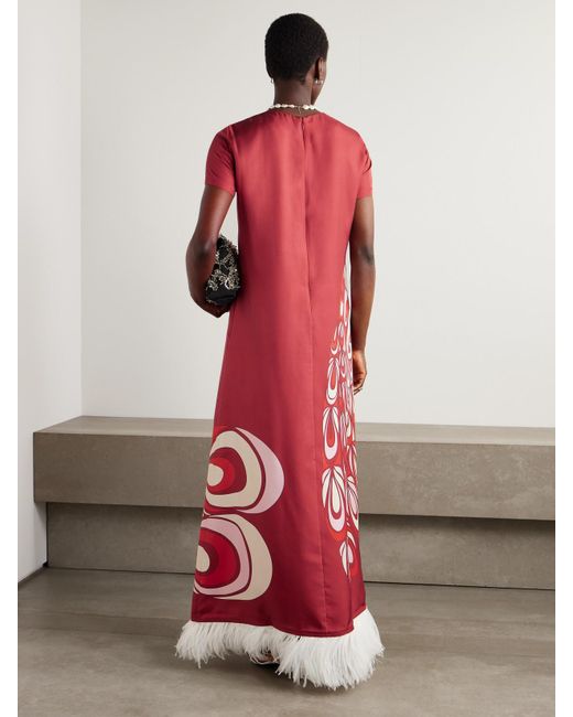 LaDoubleJ Red Swing Feather-Trimmed Printed Silk-Twill Maxi Dress