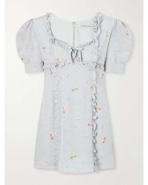 Alessandra Rich White Floral-Print Ruffle-Trim Silk-Crepe Mini Dress