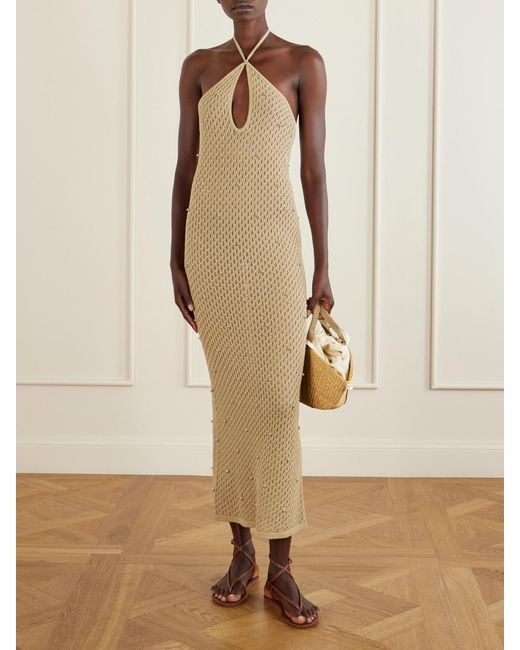 Staud White Isola Embellished Crocheted Cotton Halterneck Maxi Dress