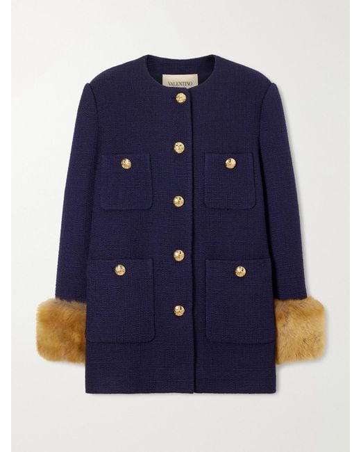Valentino Garavani Blue Plush-Trimmed Wool Coat