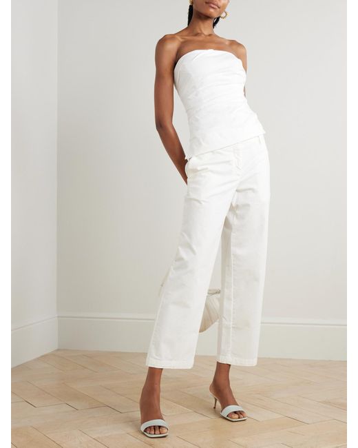 Jonathan Simkhai White Emerson Strapless Ruched Cotton-Blend Poplin Bustier Top