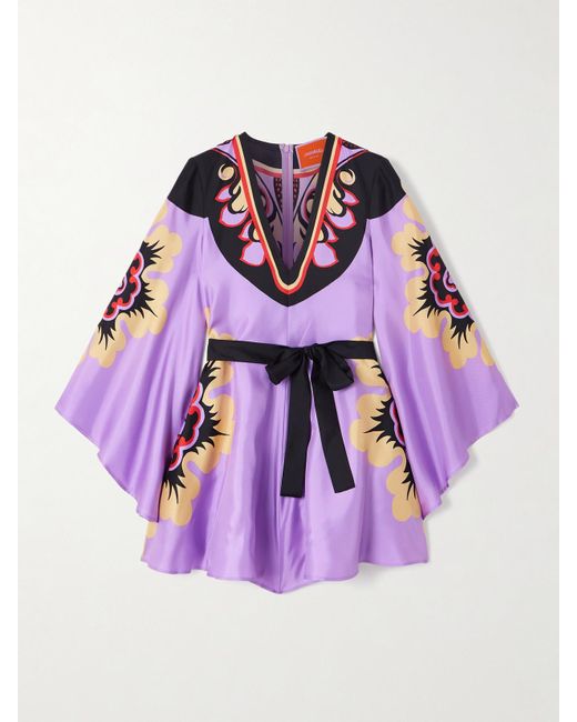LaDoubleJ Purple Icon Magnifico Minikleid Aus Seiden-Twill Mit Blumenprint Und Bindegürtel