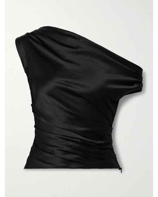 Staud Black Phare One-Shoulder Draped Silk-Blend Satin Top