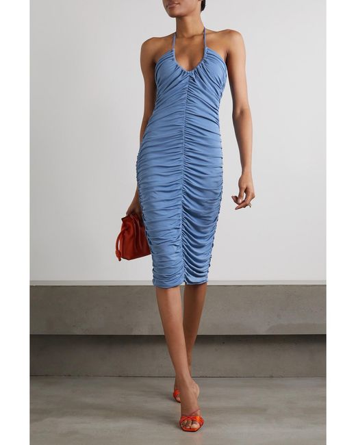 Zeynep Arcay Blue Ruched Halterneck Stretch-Jersey Midi Dress