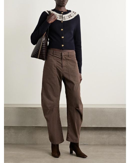 Nili Lotan Brown Shon Brushed Stretch-Cotton Twill Barrel-Leg Pants