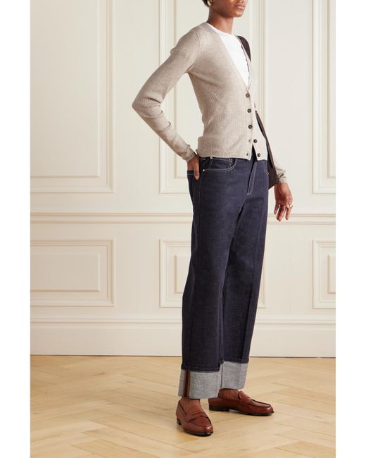 Brunello Cucinelli Natural Metallic Ribbed-Knit Cardigan