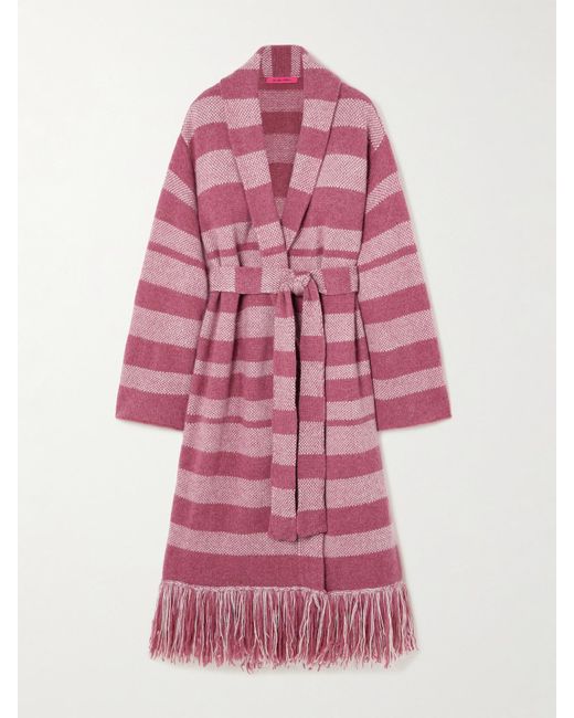 The Elder Statesman Pink Subway Belted Fringed Striped Cashmere Cardigan