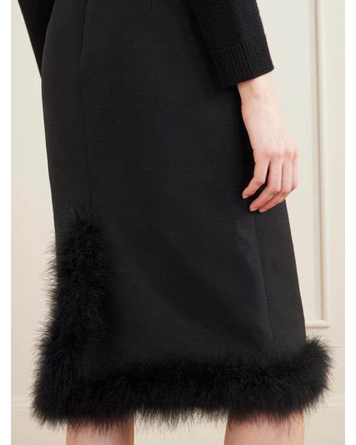 Valentino Garavani Black Feather-Trimmed Wool And Silk-Blend Crepe Midi Skirt