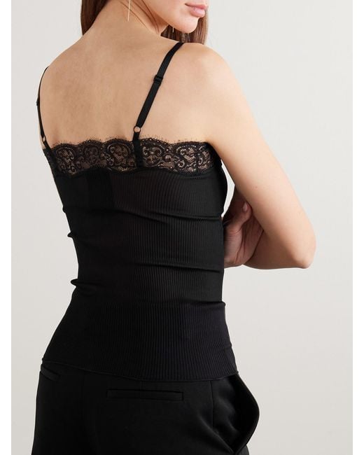 Saint Laurent Black Top Aus Geripptem Seiden-Jersey Mit Spitzenbesatz