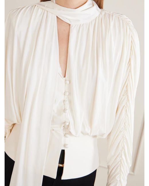 Self-Portrait Natural Tie-Detailed Gathered Stretch-Jersey Blouse