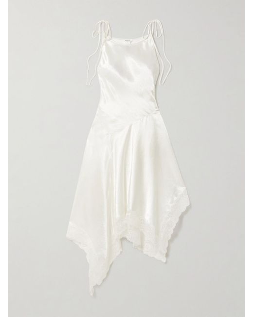 Acne White Doyla Belted Asymmetric Scalloped Lace-Trimmed Hammered-Satin Midi Dress