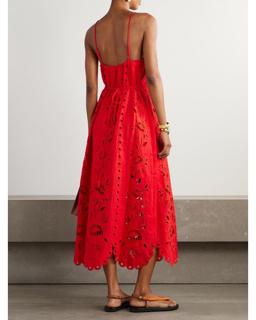 Farm Rio Red Embellished Broderie Anglaise Linen-Blend Midi Dress