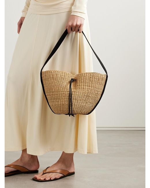 Muuñ Natural Orbi Cotton Canvas-Trimmed Woven Straw Shoulder Bag