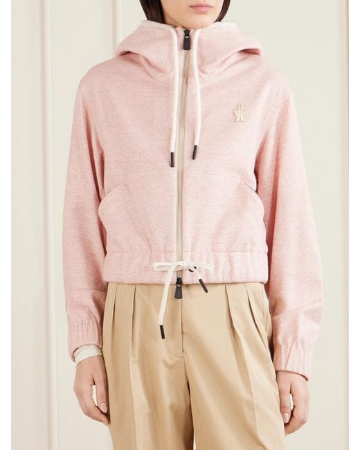 Moncler Pink Appliquéd Canvas-Trimmed Linen And Cotton-Blend Zip-Up Hoodie