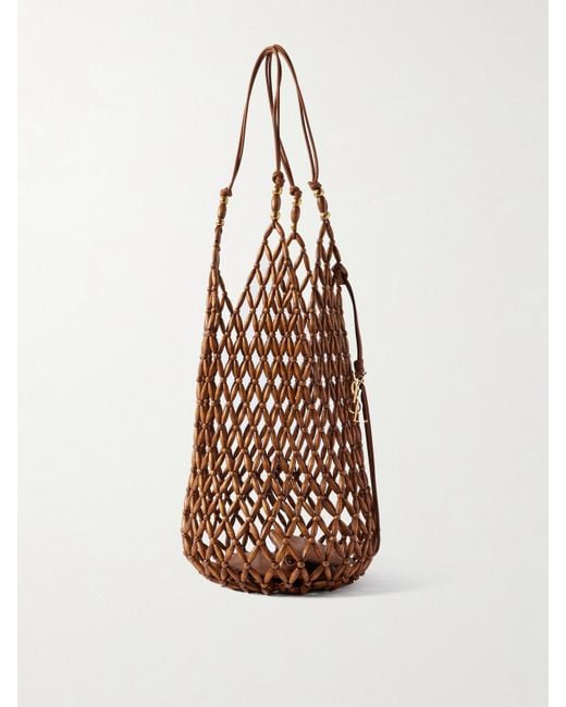 Saint Laurent White Leather-Trimmed Beaded Wood Tote