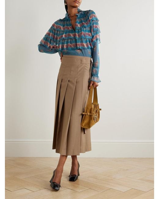 Etro Blue Ruffled Tiered Printed Silk-Chiffon Blouse