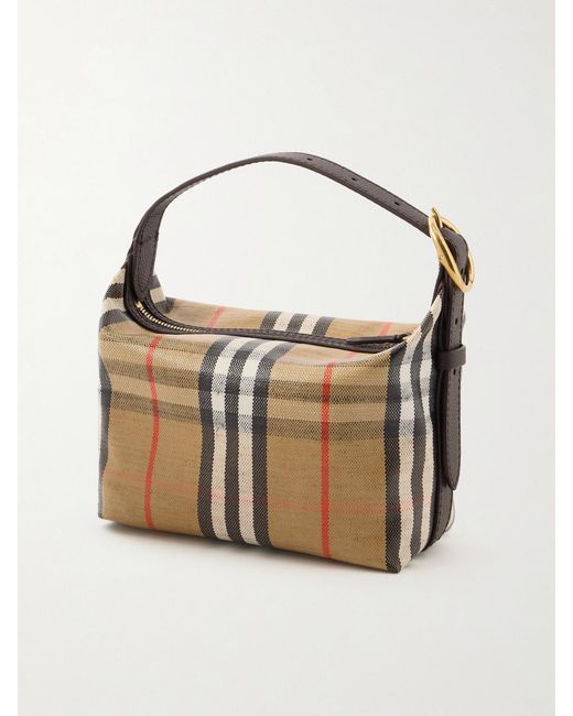 Burberry Black Leather-Trimmed Checked Coated-Canvas Top Handle Bag