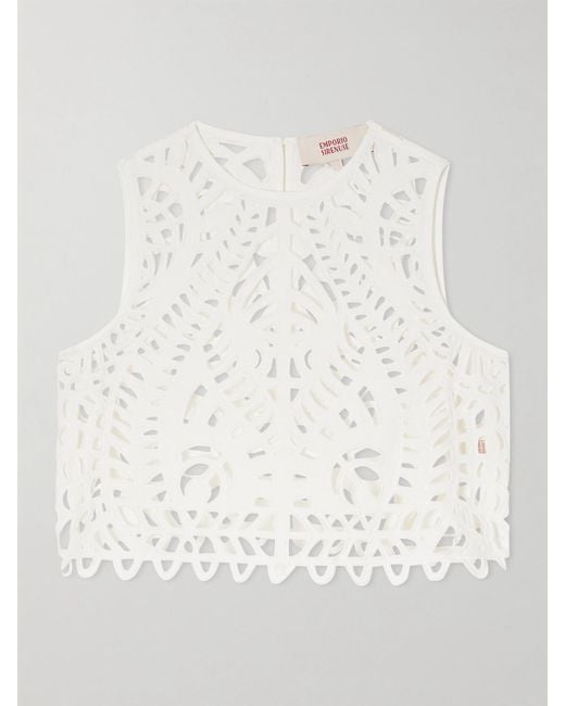 Emporio Sirenuse Natural Ada Brisé Cropped Embroidered Cotton Top