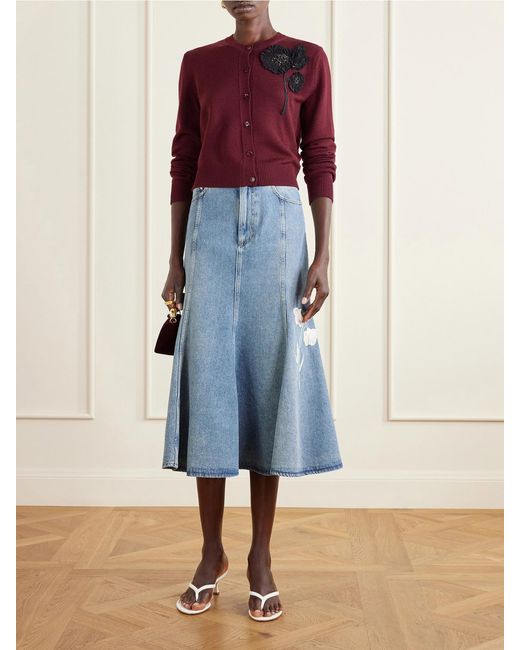 Erdem Red Embellished Ribbed Merino Wool Cardigan