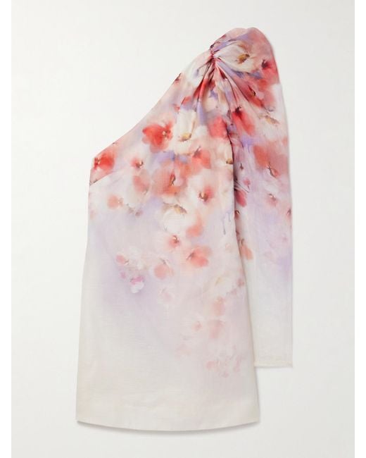 Zimmermann Pink Crush One-Sleeve Floral-Print Linen And Silk-Blend Mini Dress