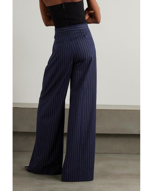 Alex Perry Blue Pleated Metallic Pinstriped Twill Wide-Leg Pants