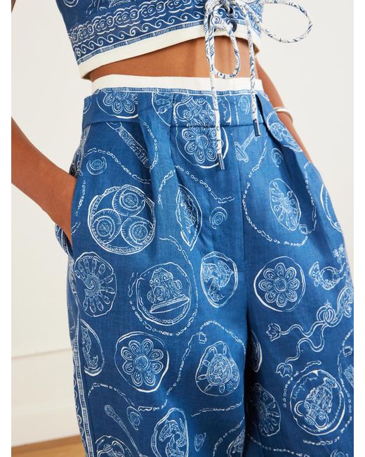 ALÉMAIS Blue Lucky Pleated Printed Linen Wide-Leg Pants