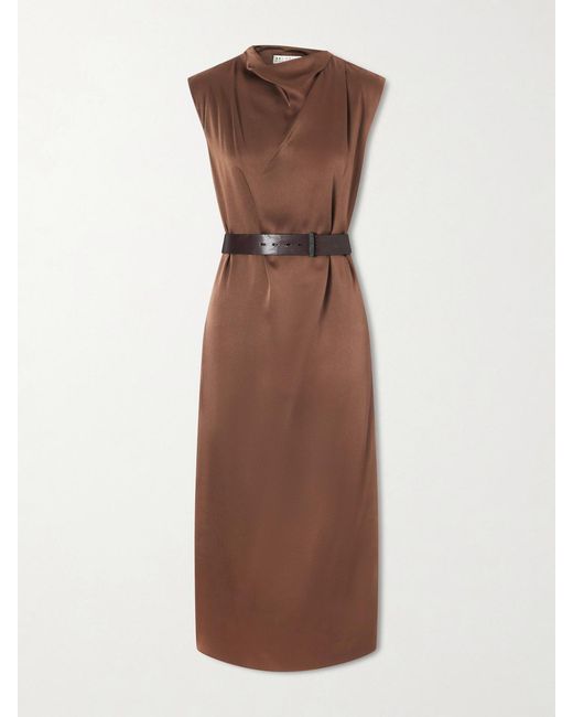 Brunello Cucinelli Brown Belted Satin Midi Dress