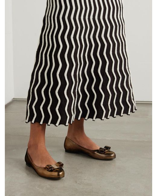 Ferragamo White Varina Bow-Embellished Lamé Ballet Flats
