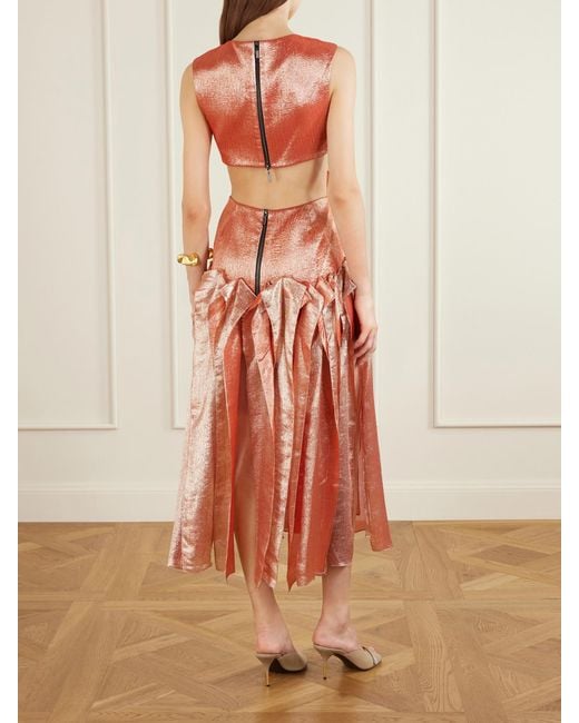 Maticevski White Trailblaze Ruffled Metallic Brocade Gown