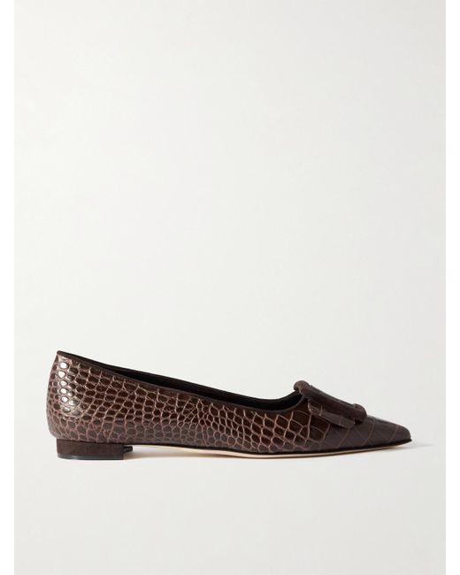 Manolo Blahnik Brown Maysale 10 Ballerinas Mit Spitzer Kappe Aus Leder Mit Krokodileffekt, Velourslederbesätzen Und Schnalle