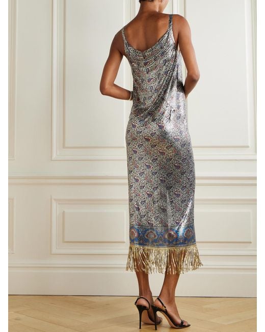 Rabanne Gray Fringed Draped Paisley-Print Chainmail Midi Dress