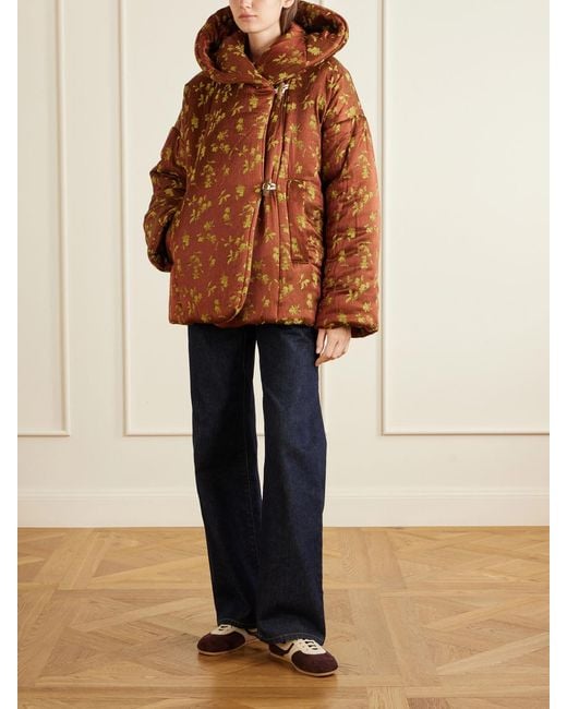 Dries Van Noten Brown Hooded Padded Floral-Jacquard Jacket