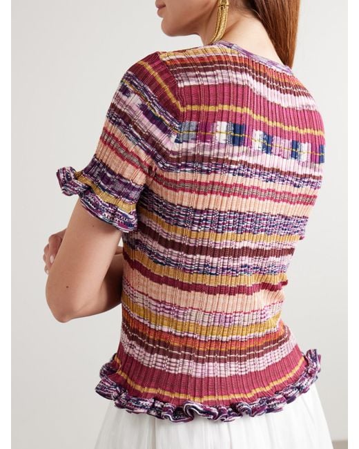 Ulla Johnson Pink Miya Ruffled Striped Ribbed-Knit Sweater
