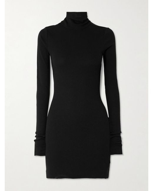 ÉTERNE Black Ribbed Stretch Cotton And Modal-Blend Mini Turtleneck Dress