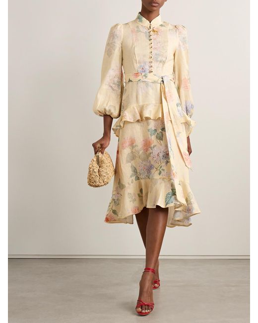 Zimmermann Natural Illuminate Belted Ruffled Floral-Print Linen Midi Dress