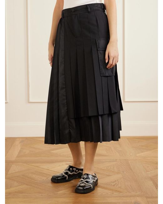 Sacai Black Pleated Twill And Shell Midi Skirt