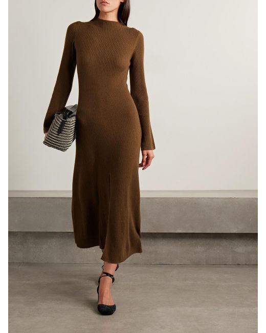 LeKasha Natural Logan Ribbed Organic Cashmere Midi Dress