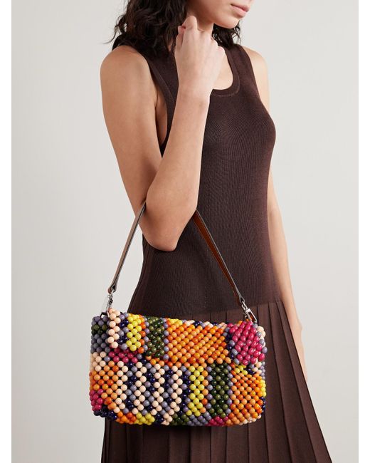 Staud Orange Timmy Schultertasche Aus Mesh Mit Zierperlen Und Lederbesätzen