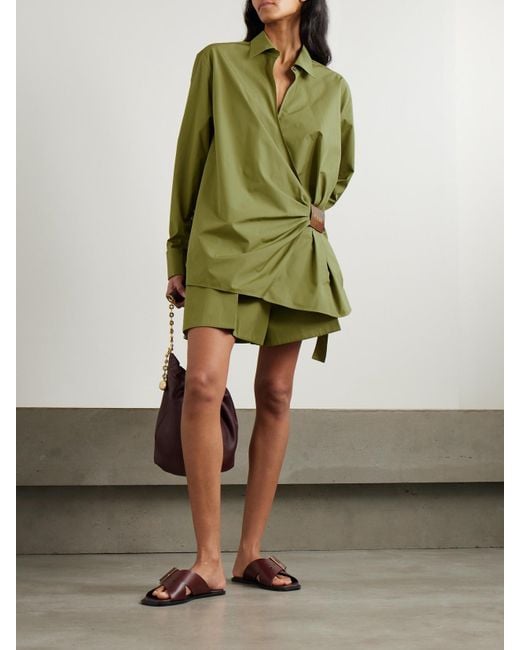 Loewe Green Pleated Cotton And Silk-Blend Sateen Shorts