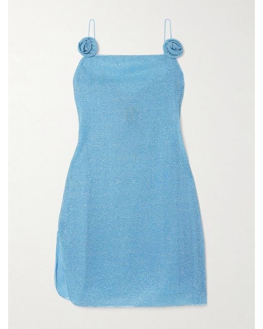 Oseree Blue Lumière Rose Appliquéd Metallic Stretch-Knit Mini Dress