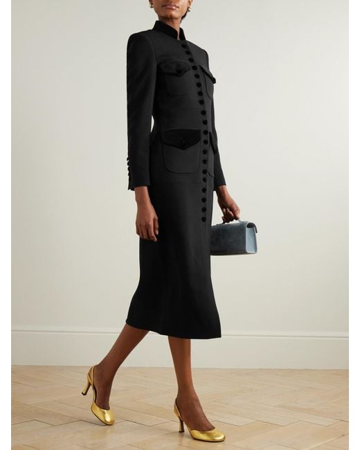 LIBEROWE Black Net Sustain Velvet-Trimmed Wool Coat