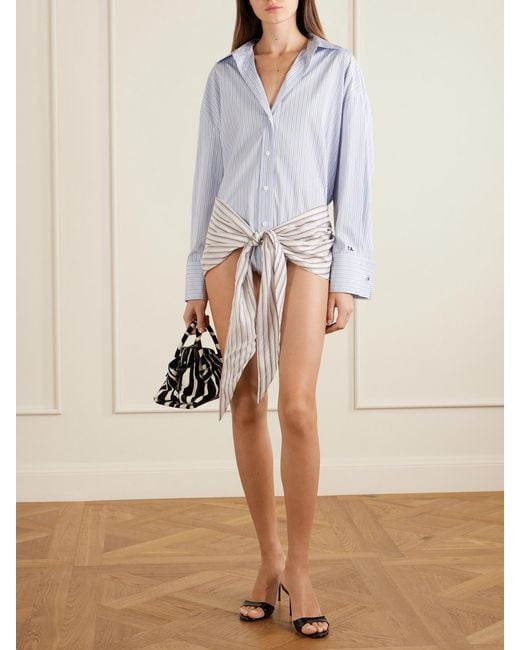 The Attico Blue Belted Striped Cotton-Poplin Mini Dress